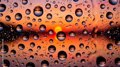 Water droplets reflecting sunset with orange and blue colors background