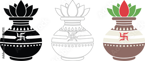 Hindu Kalash vector icon set with Swastika symbol and Lotus flower, traditional Indian holy pot