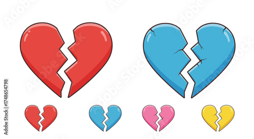 Broken hearts in vibrant colors representing sadness and emotional distress