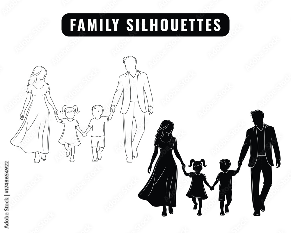 Obraz premium Silhouette family, woman, man, baby girl, Vector.