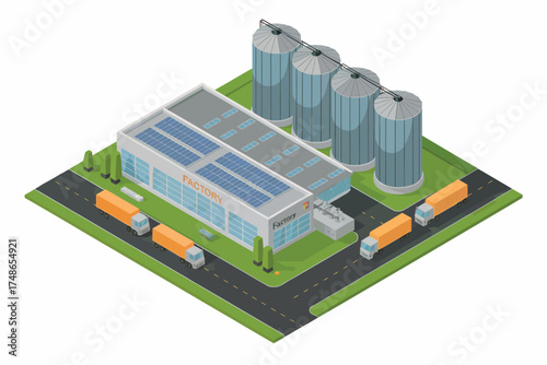 Modern industrial facility with solar panels and trucks showing efficient logistics and sustainable energy production isolated on white background