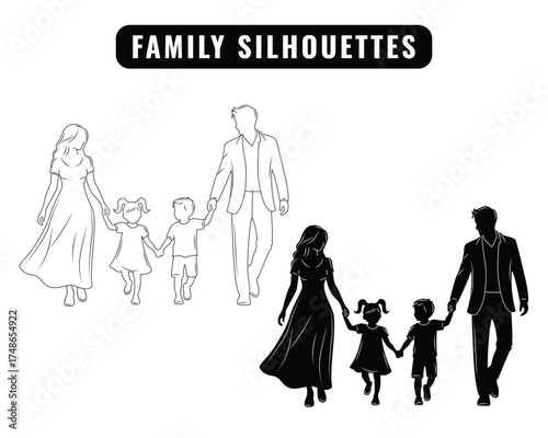 Silhouette family, woman, man, baby girl, Vector.