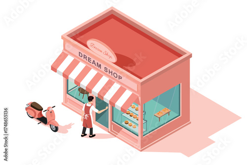 Isometric view of a small bakery shop with delivery scooter and staff member serving customers isolated on white background