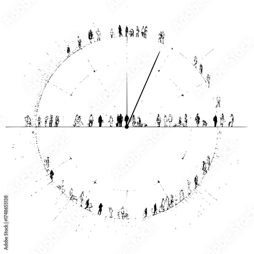 Architecture time clock diagram showing people flow and movement in black and white conceptual illustration