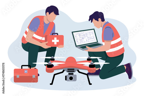 Technicians prepare drone for operation with laptop and first aid kit isolated on white background