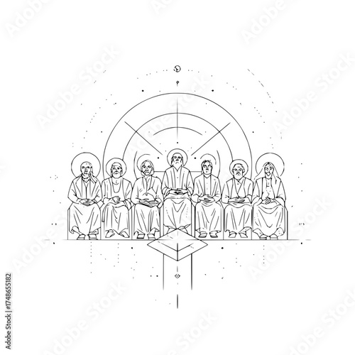 Seven holy figures line art drawing religious illustration christianity spiritual artwork vector design