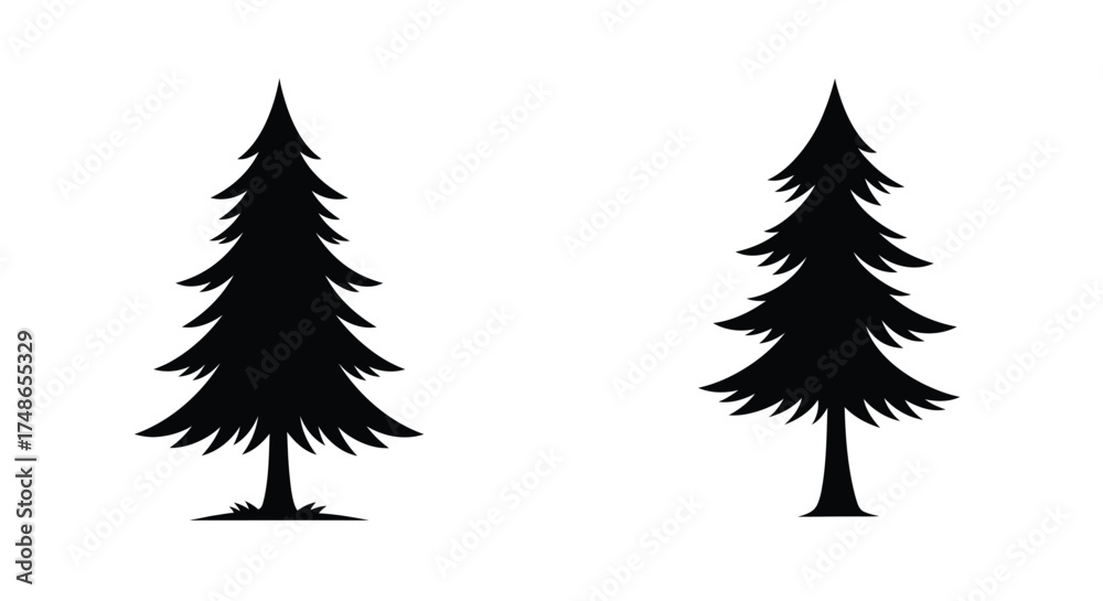 Fototapeta premium Simple black silhouettes of two evergreen trees on a white background
