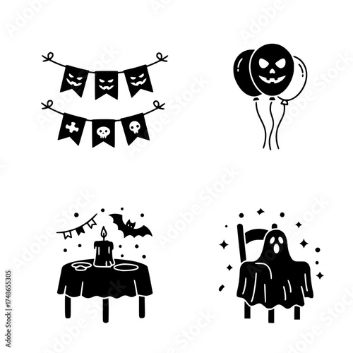 Halloween themed decorations including banners, balloons, and candle - vector set 