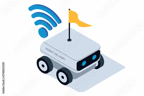 Autonomous delivery robot with wi-fi signal and yellow flag embarking on a new mission isolated on white background