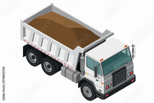 White dump truck loaded with soil ready for construction and heavy haul transportation needs isolated on white background
