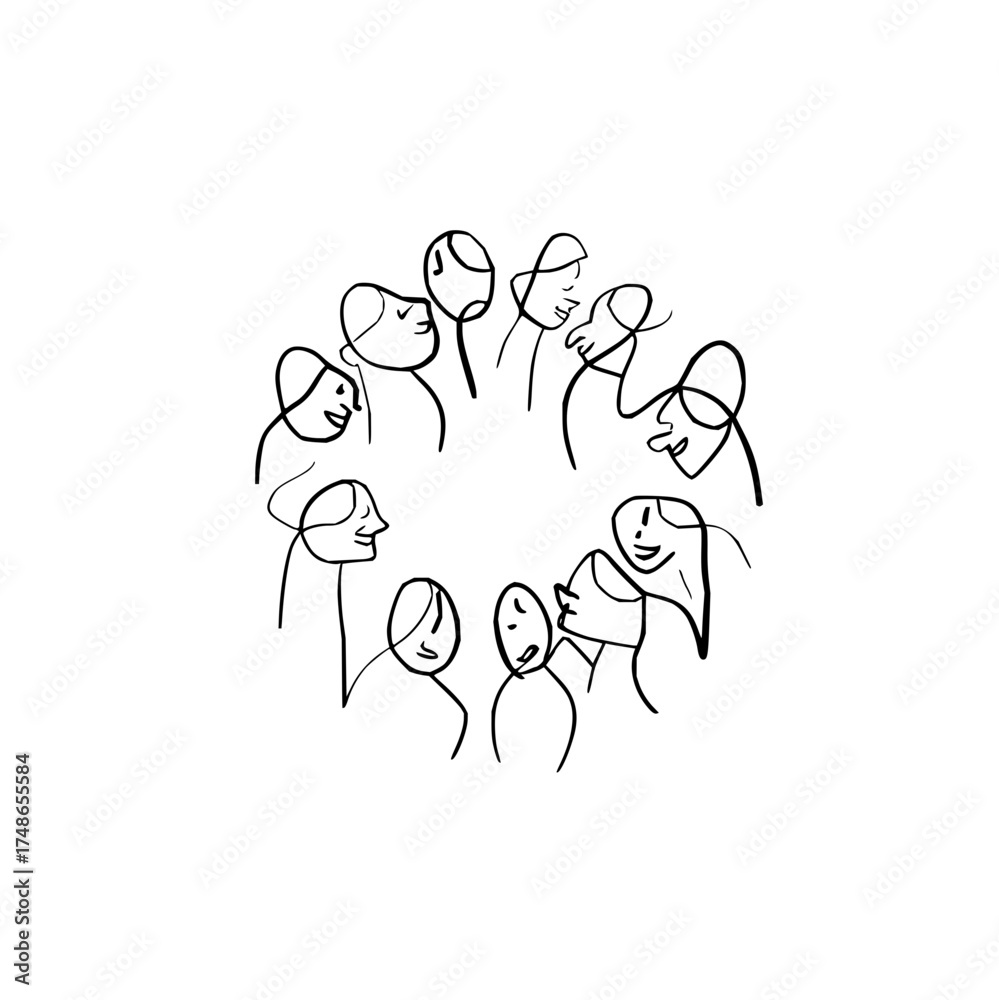 Fototapeta premium Line art drawing of group of people circle community connection social gathering teamwork unity illustration