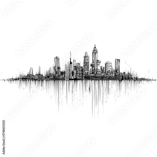 Cityscape sketch skyline illustration of urban architecture with building and skyscraper design in black and white