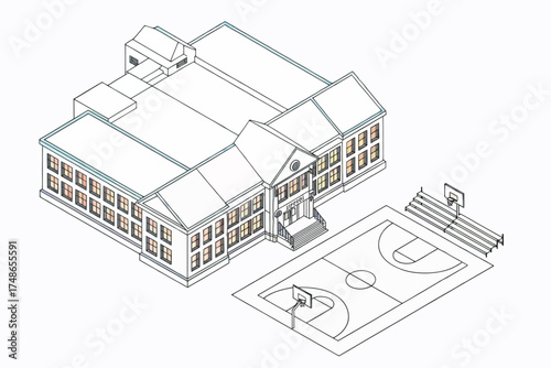 Architectural drawing of a large building complex and outdoor recreational area isolated on white background