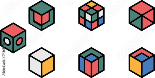 Abstract Geometric Style Icons Featuring Cubes in Various Arrangements and Colors