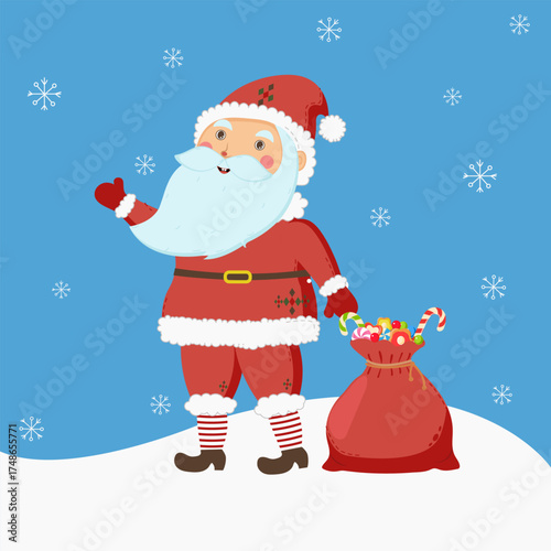 Santa Claus with a bag of gifts, sweets, candies, Christmas, New Year, holiday, winter, snowflakes, snow