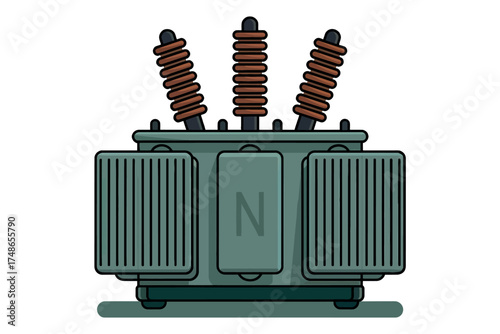 High voltage electrical transformer with insulators for power distribution and energy conversion isolated on white background