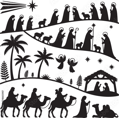 Nativity scene black and white illustration