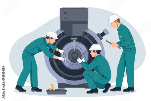 Skilled industrial mechanics collaborating on complex heavy machinery repair and maintenance isolated on white background