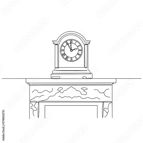 Antique clock on stone mantel, elegant clock with roman numerals standing atop a decorative stone fireplace in minimal line art