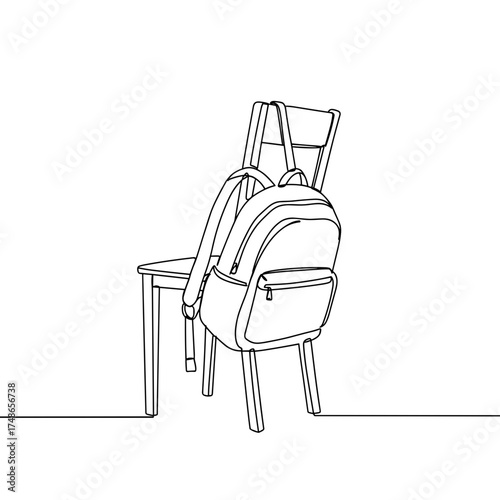 Backpack hanging on chair, school backpack with front pocket and zipper casually placed on simple wooden chair in line art
