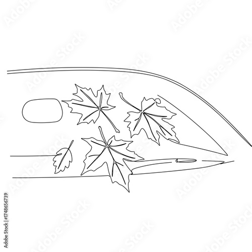 Autumn leaves stuck to windshield, realistic maple leaves resting on car windshield after rain in minimal line drawing