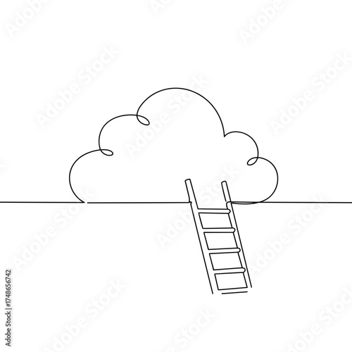 Cloud with ladder, single fluffy cloud above ground with a simple ladder leading up, child fantasy concept in minimal drawing