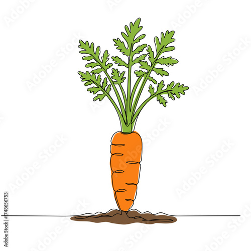 Carrot in ground, bright orange carrot growing in soil with leafy green tops, simple minimal color drawing