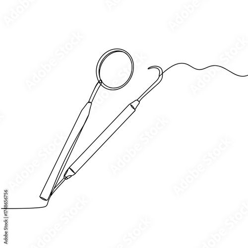 Dental mirror and hook, minimal line art drawing of dental mirror and explorer tools for teeth examination