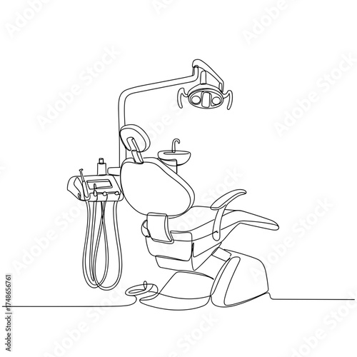 Dental chair with lamp, modern dentist's workspace with chair, lamp, and handles in minimal linear style