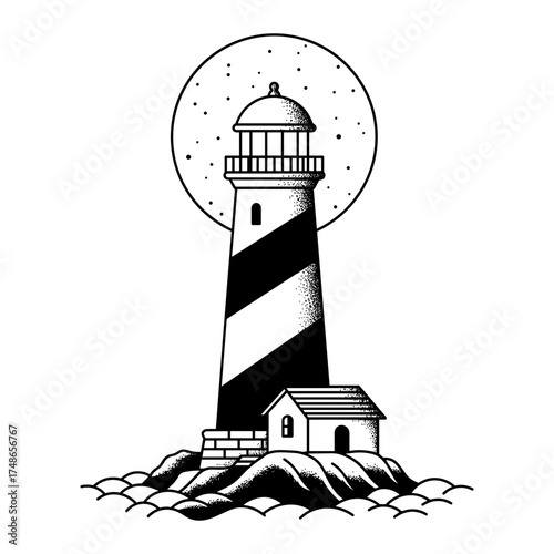 Lighthouse with house and moon, stylized lighthouse by the shore next to a house with glowing moon and sea in high-contrast black and white style