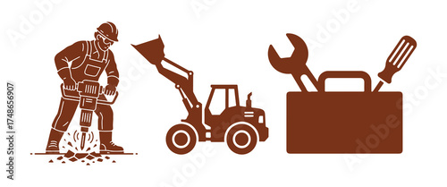 Construction worker jackhammer loader and toolbox with tools icons in brown Keywords: construction worker jackhammer loader toolbox