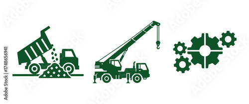 Dump Truck Crane and Gears Construction Icons Keywords: dump truck, tipper, loading, unloading, gravel, sand, construction, crane