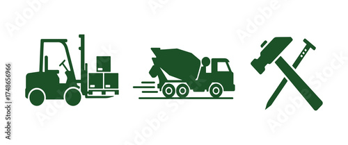 Forklift Cement Mixer Hammer and Nails Construction Icons Keywords: forklift, cement mixer, truck, concrete mixer, hammer, nails