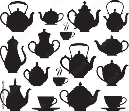 Elegant teapots and cups silhouette illustration