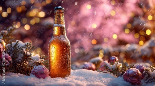 Holiday Beer: A chilled bottle of amber beer, frosted with condensation, rests serenely amidst a winter wonderland of snow and twinkling lights. A festive and inviting atmosphere.