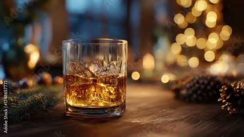 Cozy Whiskey Delight: A single glass of amber whiskey, chilled with ice cubes, sits on a wooden surface. The scene is subtly lit by blurred fairy lights and festive decorations.