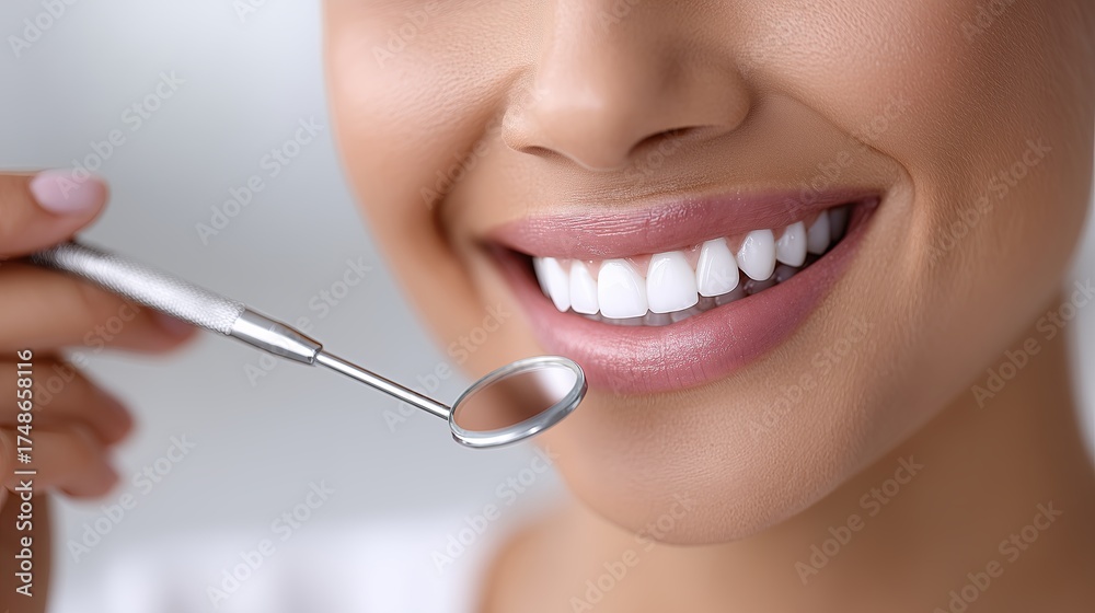 Fototapeta premium Bright smile of a young woman at the dentist's office during a check-up