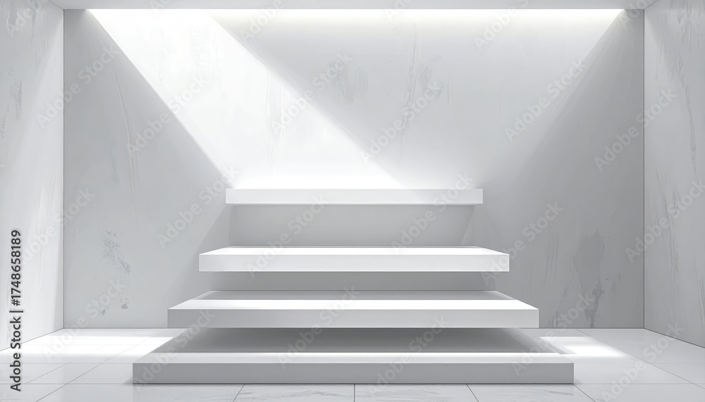 Fototapeta premium This bright, minimalist architectural interior showcases a set of three shelves, bathed in natural sunlight streaming from above, creating a contrasting interplay of light and shadow across the...