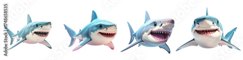 Four cartoonish sharks with open mouths and sharp teeth swimming in a line isolated on transparent background