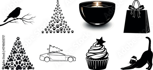 Vector art of collection of black silhouette icons including a bird, christmas tree, candle, shopping bag, car, cupcake, and cat