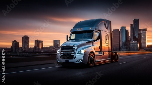 Modern Truck Driving Through a City Skyline During Sunset With Glowing Buildings