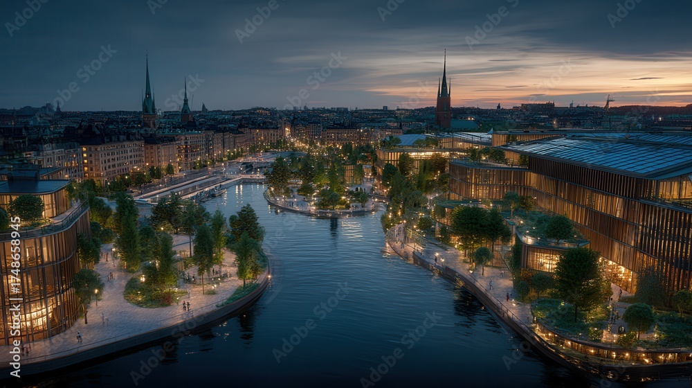 Obraz premium Evening View of a Vibrant Cityscape With River, Buildings, and Lights