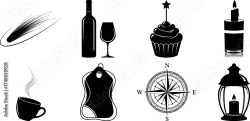 Vector art of assortment of black silhouette icons featuring a comet, wine bottle, wine glass, cupcake, candle, stocking, compass, and lantern