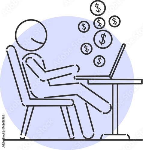 Minimalist icon of relaxed person making money online on computer