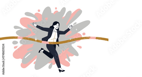 Successful Businesswoman Celebrates Triumph, Crossing Finish Line, Embracing Victory with Joy