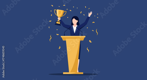 Successful Businesswoman Celebrates Victory After Presenting Award On The Podium Stage