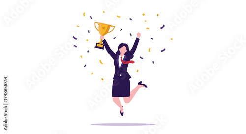 Successful Businesswoman Celebrates Victory After Winning Trophy with Joyful Expression