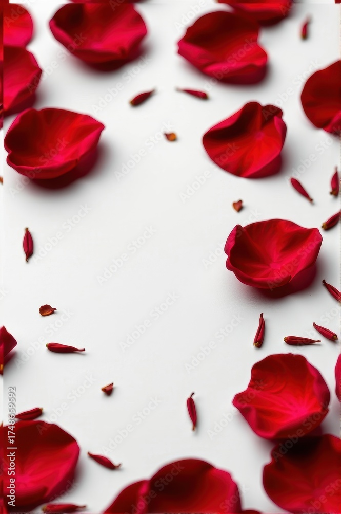 Fototapeta premium Close-up of scattered red rose petals, isolated on white background. Soft, velvety texture, vibrant color, red petals, nature, isolated