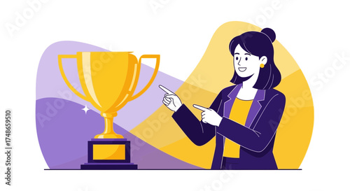 Successful Businesswoman Celebrating Achievement, Award Trophy Representing Victory And Success