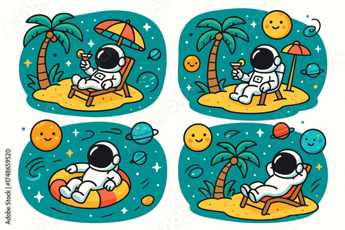 Cartoon astronaut on tropical space islands with planets and stars on white background   